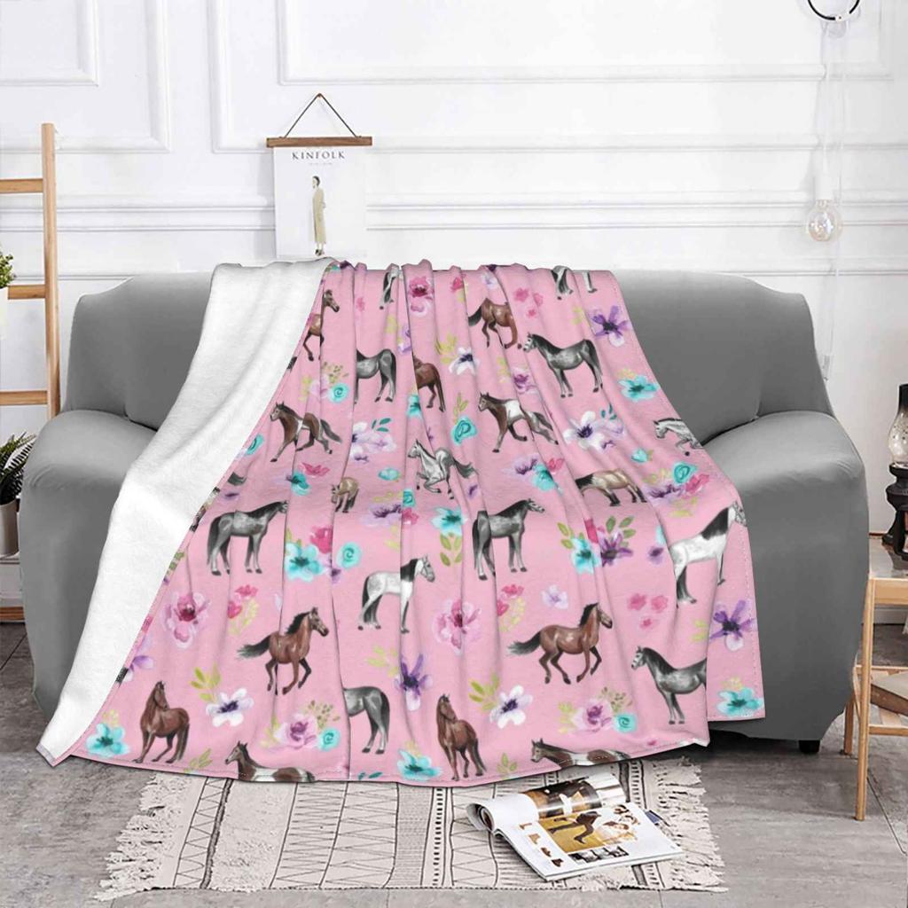 Chevaux Et Fleurs Sur Rose , Art Équestre , Décoration Cheval , Cowgirl , Motif Cheval Couverture Fine Douce Chaude Ouest