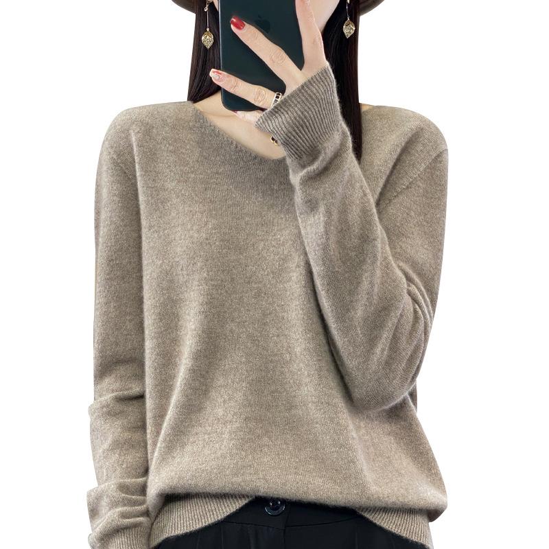 Women's Slimming V-Neck Pure Wool Cashmere Sweater - Soft, Seamless Knitwear Base Layer