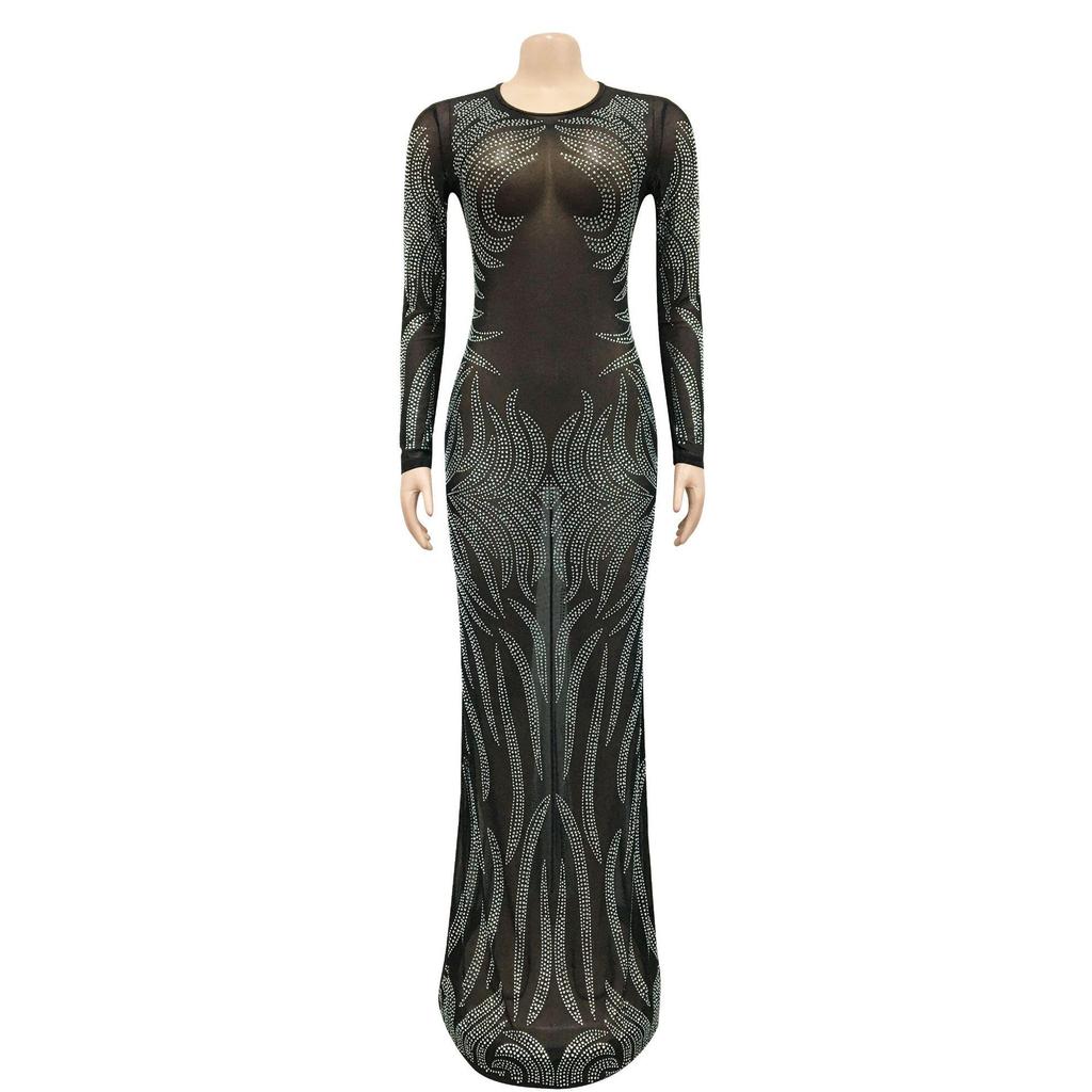 Rhinestone Mesh See-through Long Sleeve Nightclub Dress