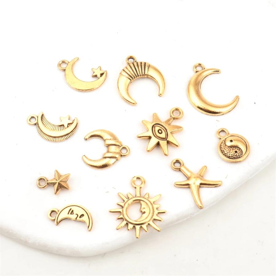 18/48Pcs/Lot Zinc Alloy Antique Silvery Star Moon Pendant Personality DIY Earrings Pendant for Hand Chain Necklace Mardi Gras Day Ramadan