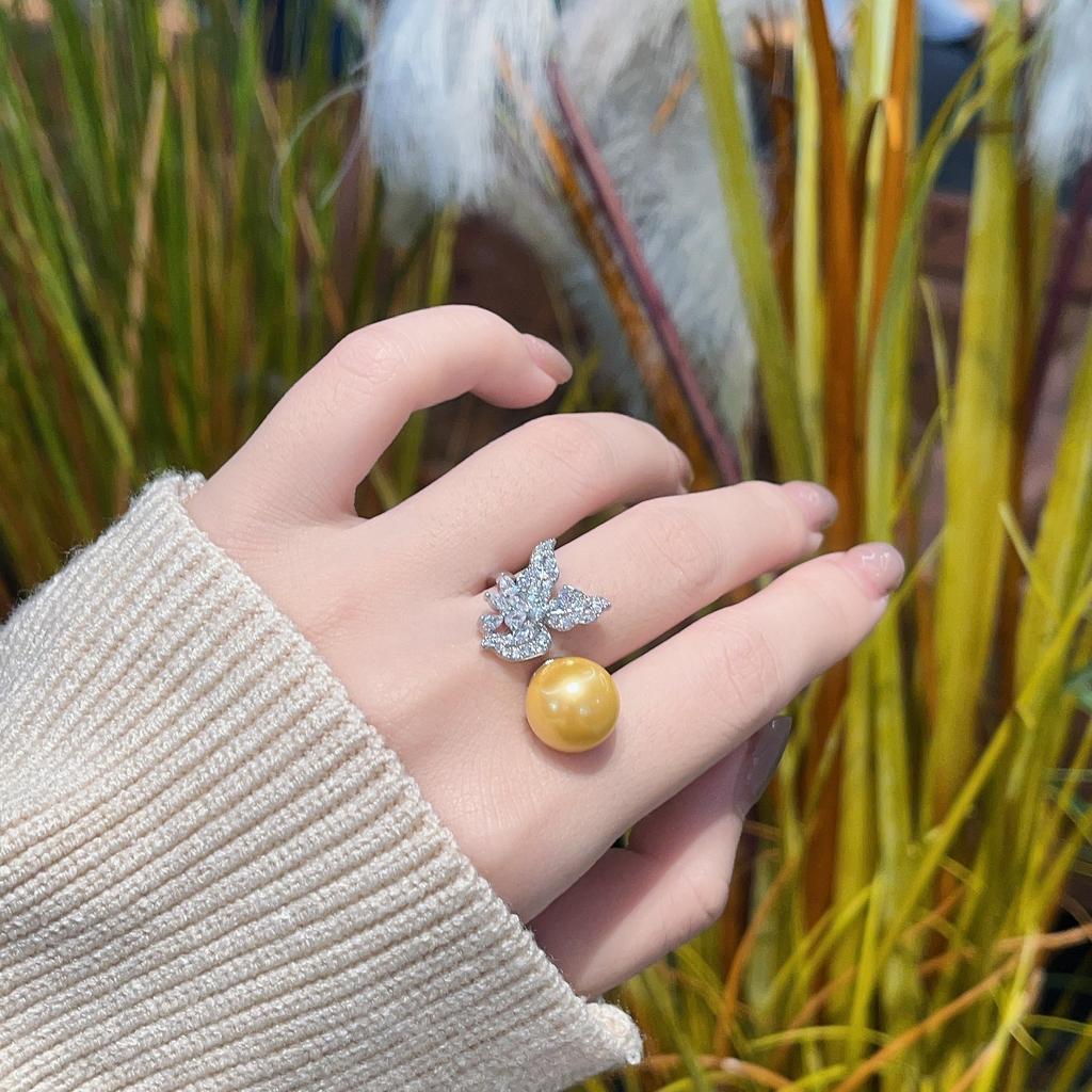 Inlaid Imitation Pearl Flower Ring Women'S Opening Full Of Diamonds Zircon Flowers Fresh And Elegant Ring Jewelry