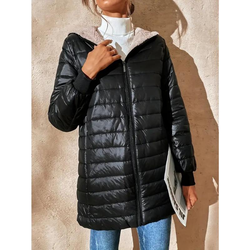 2025 Winter Women's Mid-Length Quilted Parka, Hooded Fleece Lined Loose Fit Thermal Jacket with Zipper, Warm Padded Casual Coat for Cold Weather