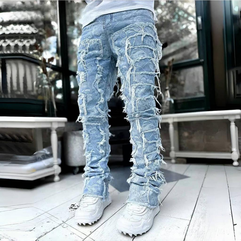 ZYLLO Casual Distressed Men's Jeans Tassels Patchwork Design Vintage Washed Stretch Denim Pants Straight Fashion Streetwear Trousers