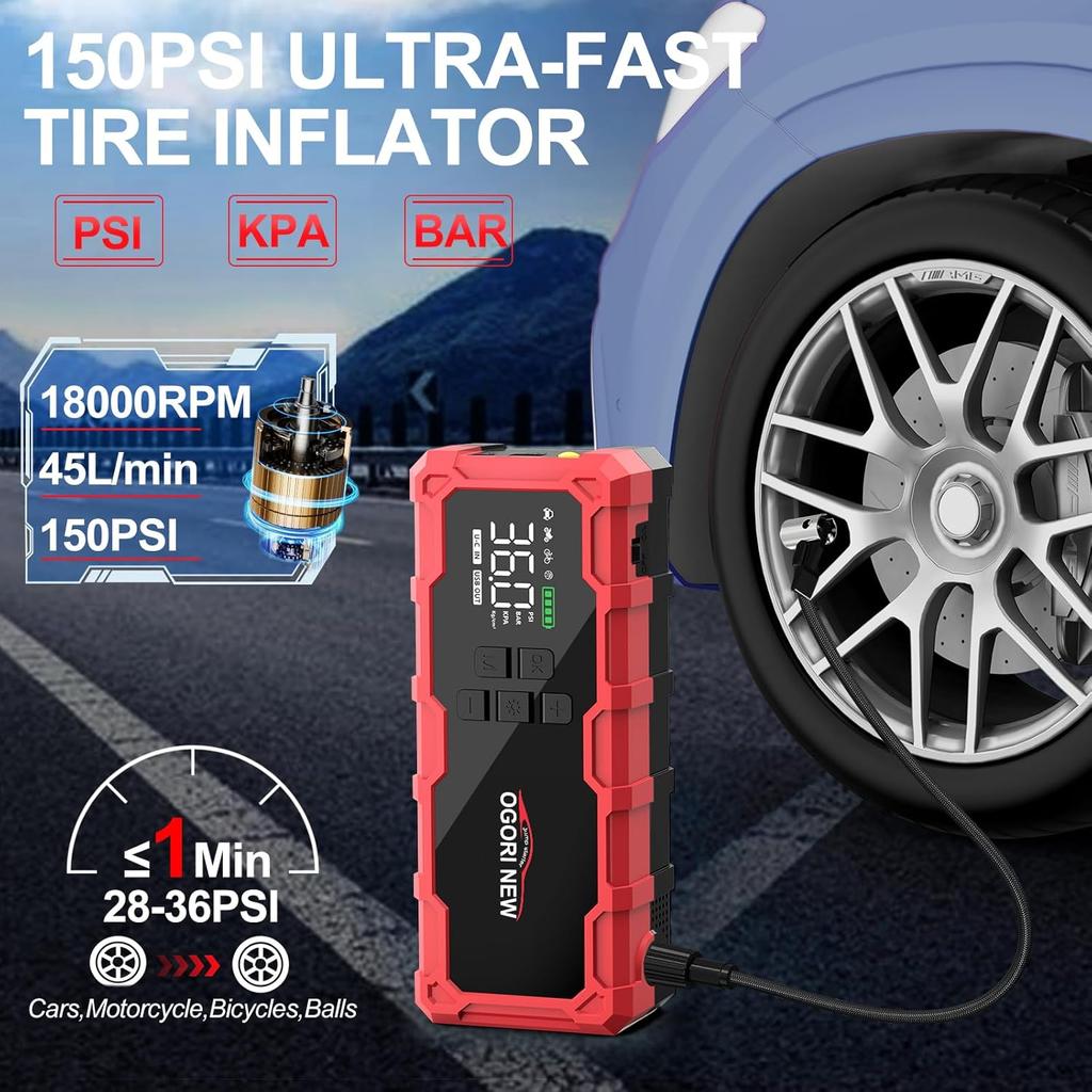 8000A Jump Starter with Air Compressor, 26800mAh, 150PSI Portable Car Battery Booster (12V, All Gas/16L Diesel)