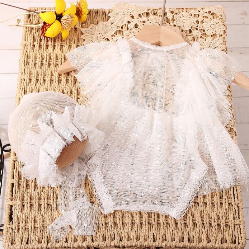 0-1M Baby Girls Photography Props Lace Dress Jumpsuit Mesh Hat Newborns Photo Props Photoshooting Hat & Romper Costume