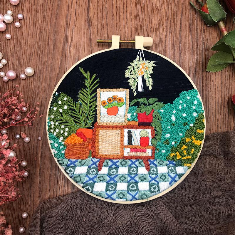Landscape Handmade DIY Embroidery Kit Full Range of Stamped Cross Stitch Kit Embroidery Material Bag Include Bamboo Hoops Thread 15cm
