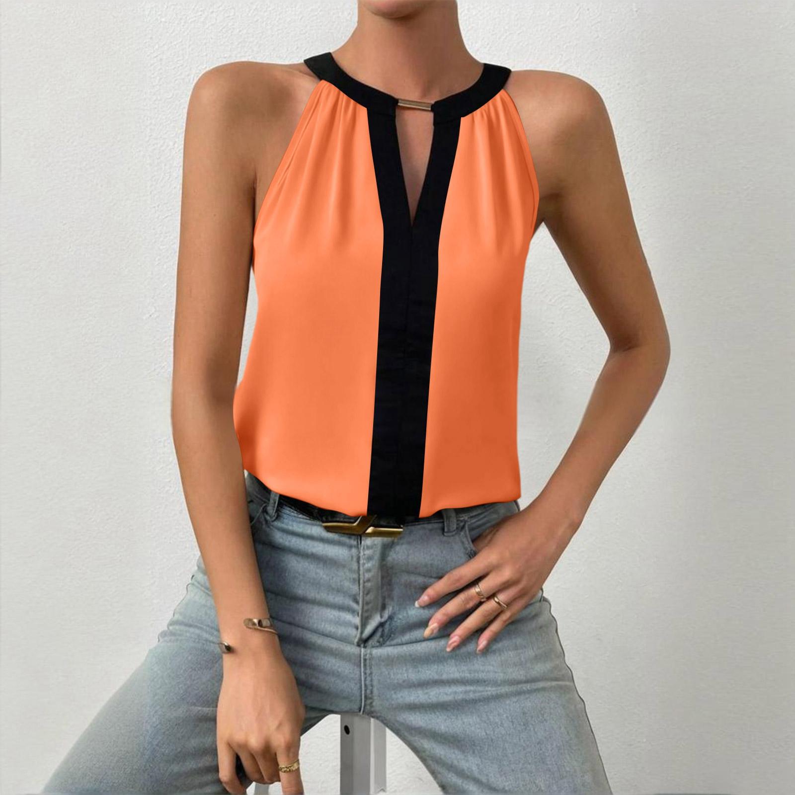 

Women s New Spring/Summer Contrast-Trim Sleeveless Top — Keyhole Neckline Blouse/Vest L