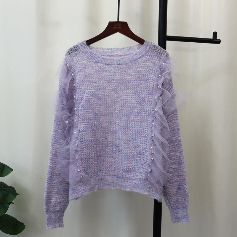 

Тяжелая промышленность бисерная сетка вязаный свитер топ осень новый тонкий полый сладкий свитер пуловер женщина one size fits all фиолетовый