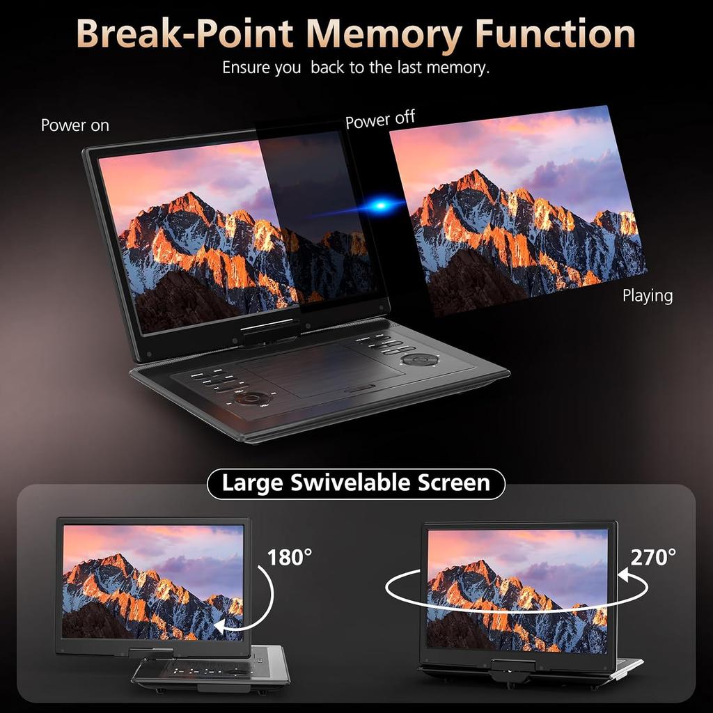 17.9" Portable DVD Player for Kids with 15.6" Swivel Screen, 5 Hours Rechargeable Battery, Car DVD Player with High Volume Dual Speakers