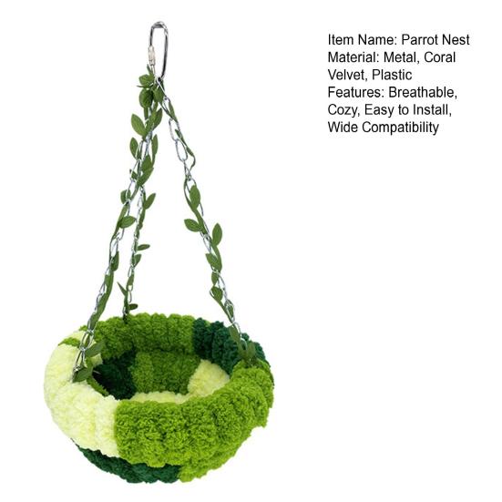 Hanging Parrot Nest Birdcage Plush Birds Bed with Leaves Hook Indoor Green Breeding Nest for Parakeet Conure Budgie Cockatiel Lovebird