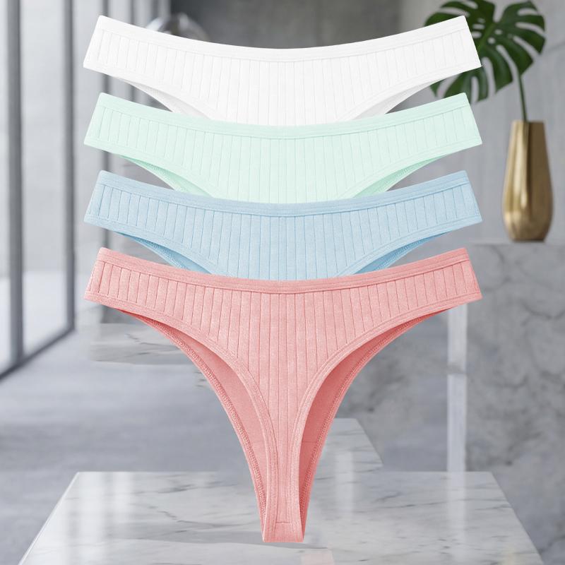 FINETOO 4Pcs/Set Cotton Ribbed Thongs For Women Seamless Solid Color High Quality Underwear Ladies Cozy Breathable Sexy G-String