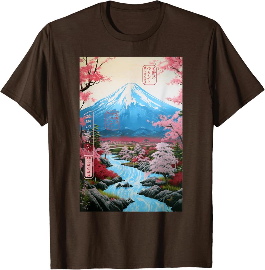 Mount Fuji Ukiyoe Cherry Blossom Graphic TShirt Soft Cotton Casual Short Sleeve Tee for Men