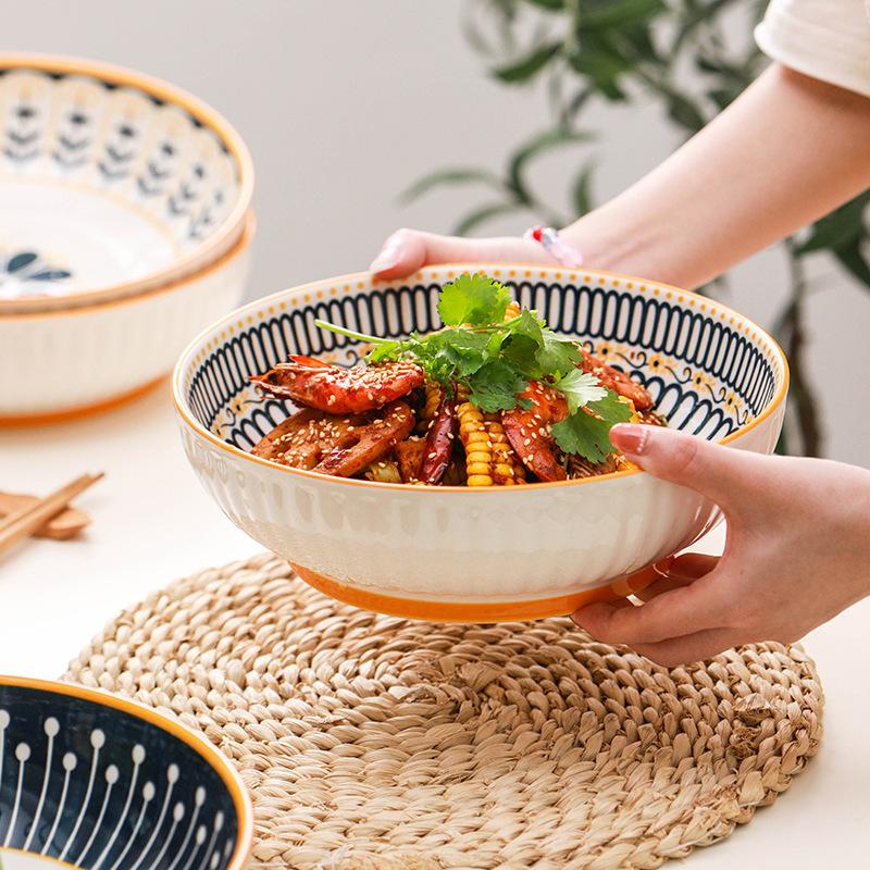 Nordic Retro Ceramic Large Soup Bowl, Creative Home 9-Inch Large Vegetable Noodle Bowl Boiled Fish Bowl Large Capacity Soup Basin