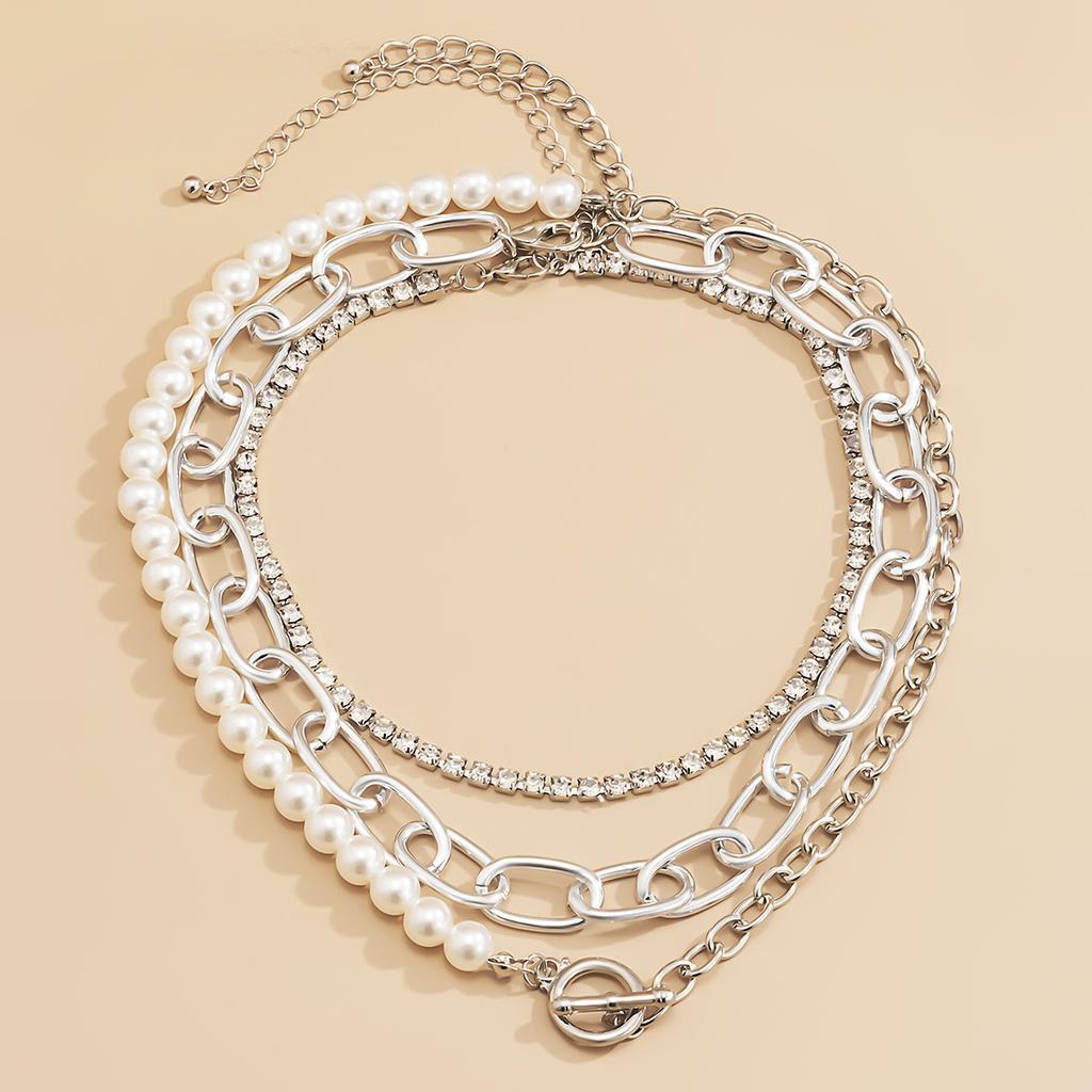 Simple and Fashionable Temperament Round Bead Chain Necklace, Retro Baroque Imitation Pearl Geometric Necklace