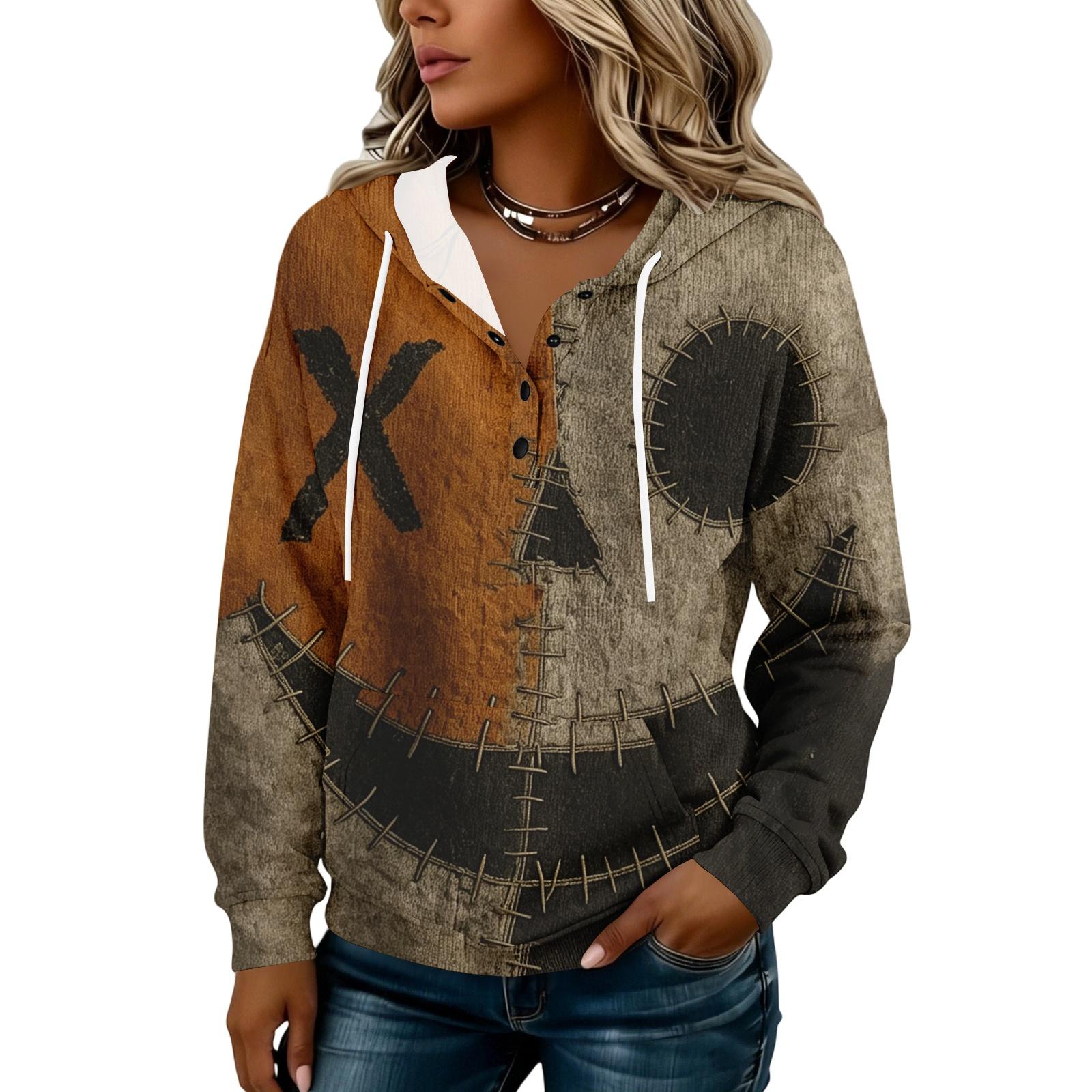 Women s Hooded Button Front Halloween Print Pullover Sweatshirt for Casual Fall Outfits XL