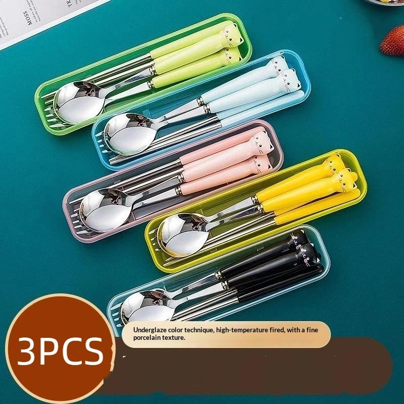 3Pcs Cute Cat Kids Tableware Set Stainless Steel Spoon Fork Chopsticks Portable Cutlery Kit For Student School Travel Use