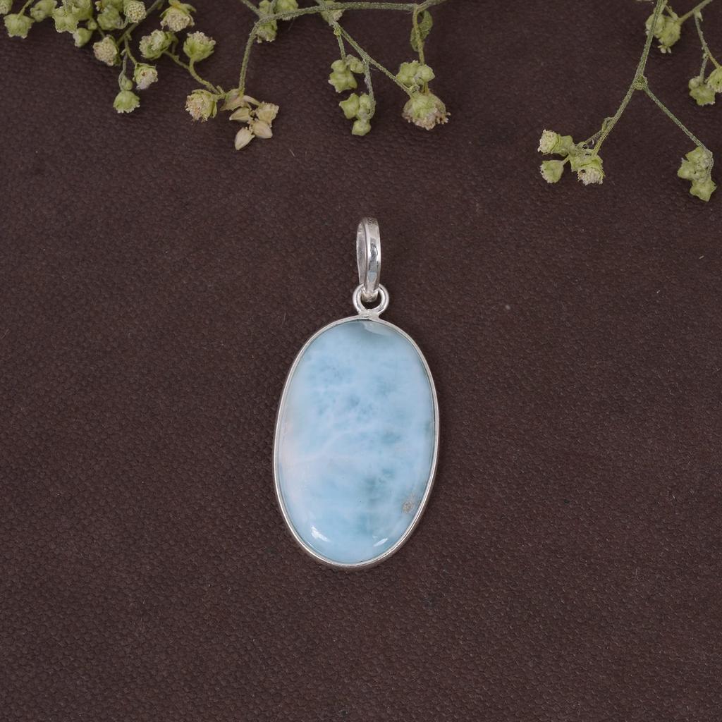 925 Sterling Silver, Larimar Pendant, Oval Pendant, Handmade Jewelry, Gift For Her, Healing Pendant, Birthstone Gift, Reiki Pendant