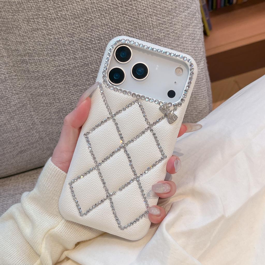 3D Grid Lattice Glitter Diamond PU Leather Hard PC Case for iPhone Air 16 15 14 13 17 Pro Max Bling Rhinestone Bowknot Cover