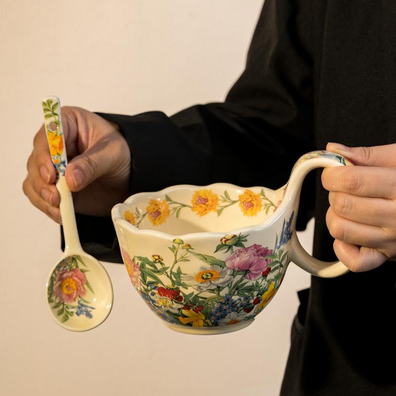 

Retro Crape Myrtle Flower Ceramic Tableware Set High Value Dish Set Household Vegetable Plate Soup Plate Rice Bowl Soup Gift 450ml