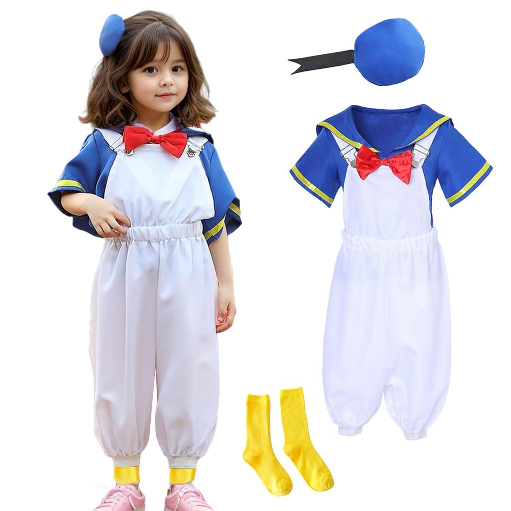 Angenster Halloween Donald Duck Costume for Kids, Sailor Uniform, Navy Style, 5-Piece Set (Jacket, Suspenders, Bowknot, Hair Accessories, and Socks)