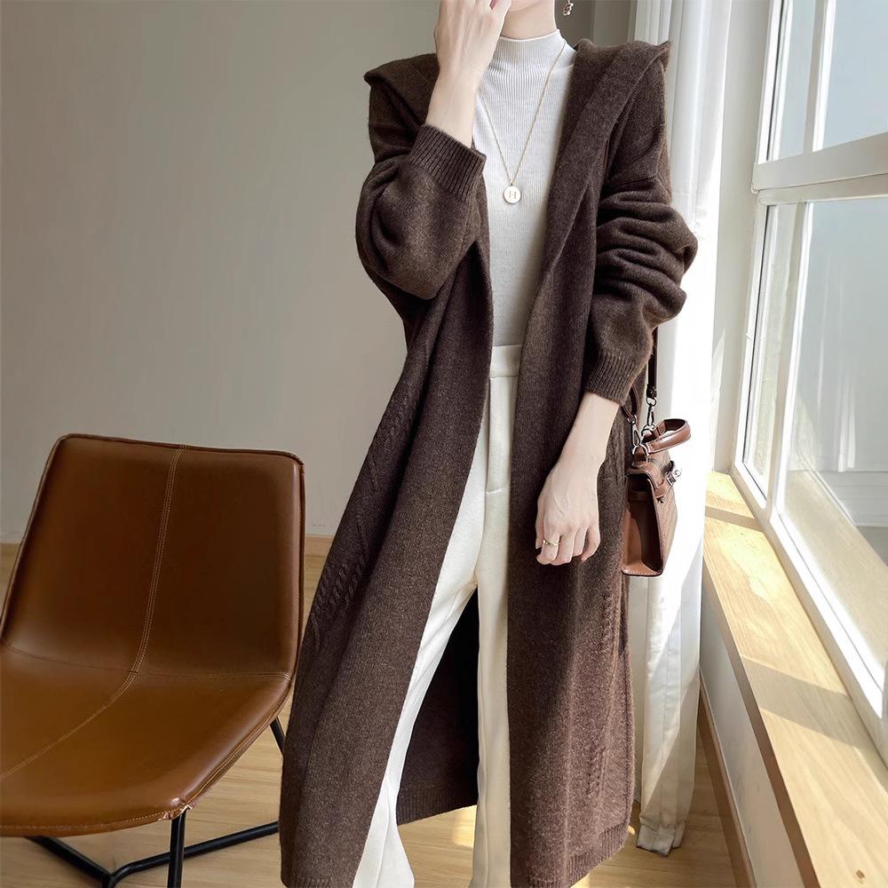 Women's Hooded Over-the-Knee Wool Knitted Cardigan - Thick, Loose, Buttonless Outerwear for Autumn/Winter