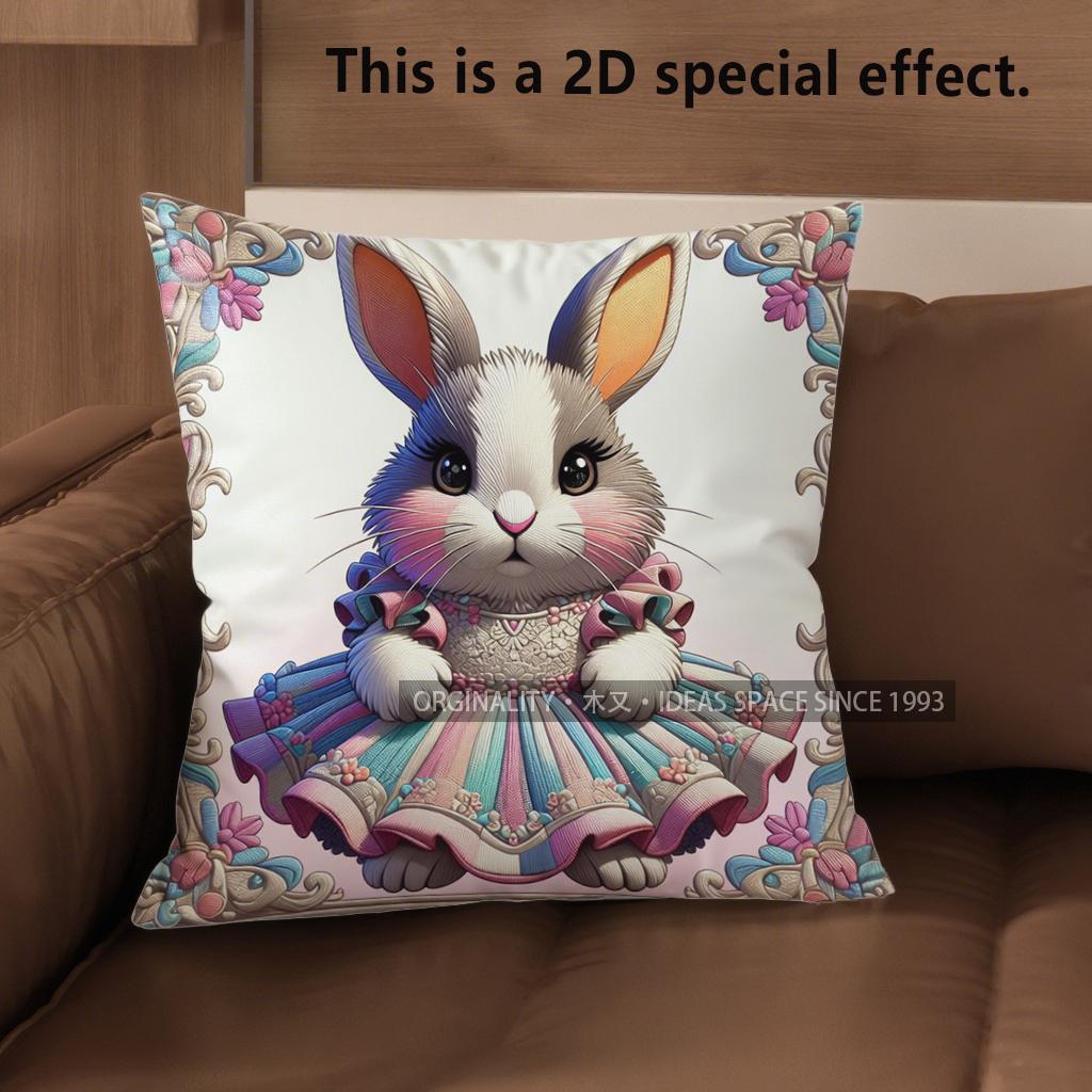 

2D Cute Bunny Dressed In Floral Dress Cushion Covers Pattern Cushion Cover Suitable For Sofa Bedroom Car Pillow Cover 40x40cm