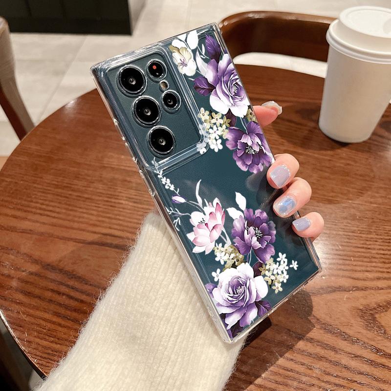 Flower Pattern Phone Case For Samsung Galaxy S26 S25 S24 S23 Ultra S22 Plus S24 S21 FE S25Edge Transparent Shockproof Soft Cover