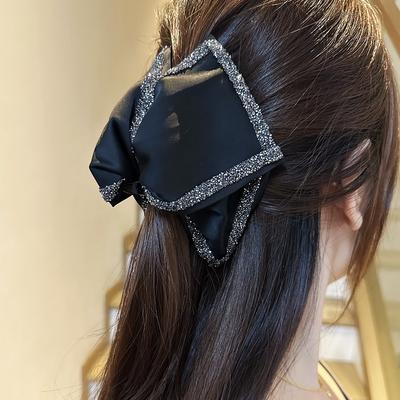 Korean Retro Elegance: Satin Crystal Bow Claw Clip, Versatile and Chic, Shark Hairpin, Bun Hairpin