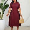 C8661 African Women's Clothing 2026 Summer New Crew Neck Short Sleeve Temperament Elegant Solid Color Medium and Long Dress European and American