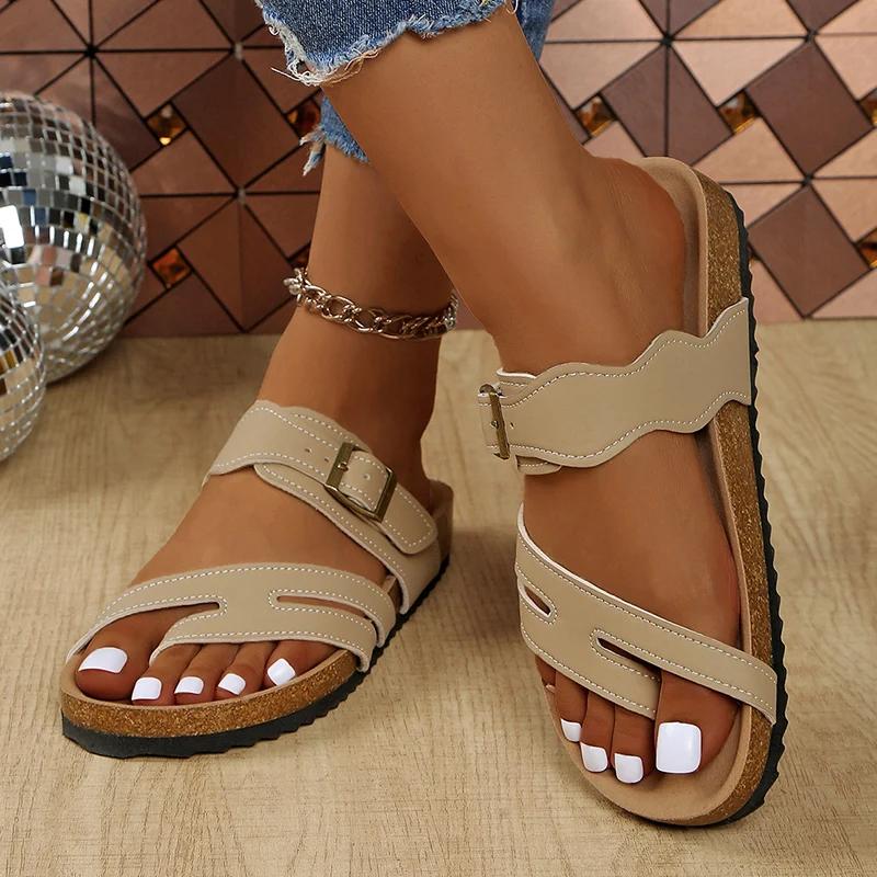 Fashion Womne's Retro Cork Sole Slippers Fashion Buckle Clip Toe Flat Sandals for Women 2025 Summer Comfort Non Slip Beach Shoes Slides