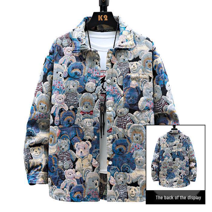 

Men s Trendy Denim Bear & Flower Jacket - Cotton, Loose Fit, Wear-Resistant, Big Sizes Available 3XL