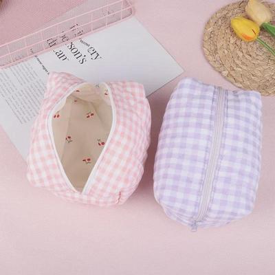 Borsa Cosmetica Plaid Nordico con Stampa di Ciliegie - Organizer per Articoli da Toeletta Colore Macaron