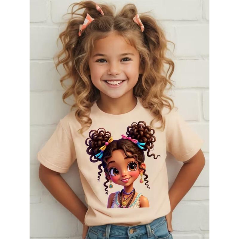 Girls' Summer Crew-Neck Short-Sleeved Top New Black Girls Cute Top Girls Clothes Cartoon Print T-Shirt Top Children's Clothing