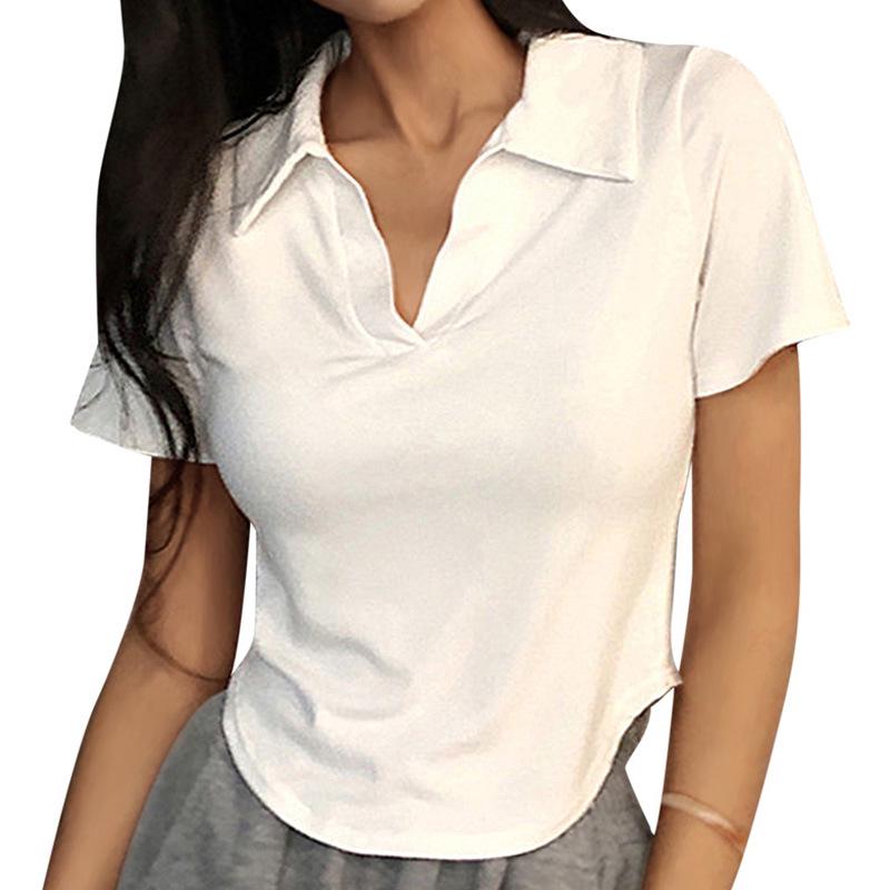 Women's Summer Korean Style Slim Lapel Tee - Solid Color, Short Sleeve, Casual Trend