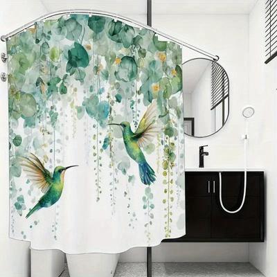 Hummingbird & Eucalyptus Shower Curtain – Watercolor Flying Birds, Hanging Green Leaves, 12 Hooks, Waterproof Bath Decor