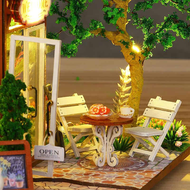 Wooden Doll House Flower Coffee Casa 3D Puzzle Assembly Building Model Dollhouse Bookshelf With Furniture Lights Birthday Gifts