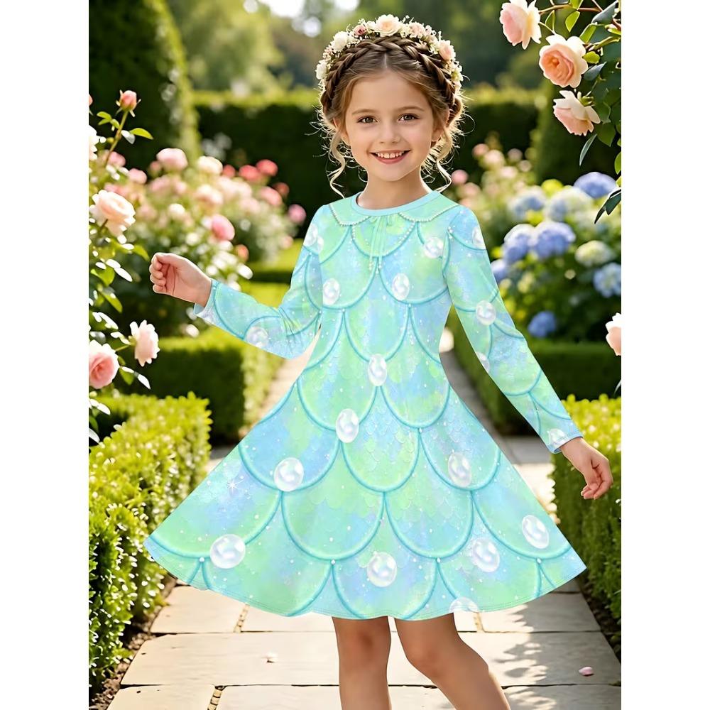 Girls' 3D Mermaid Scale Dress Long Sleeve Summer Spring Vacation Daily Holiday Princess Beautiful Sweet Kids 4-12 Years Casual Dress A Line Dress