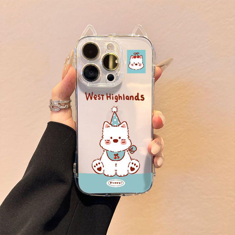 Cherry Turnaround West Highland Cat Ears Transparent Case for Apple iPhone 13, 14, 15 Pro, and 17 Pro Max