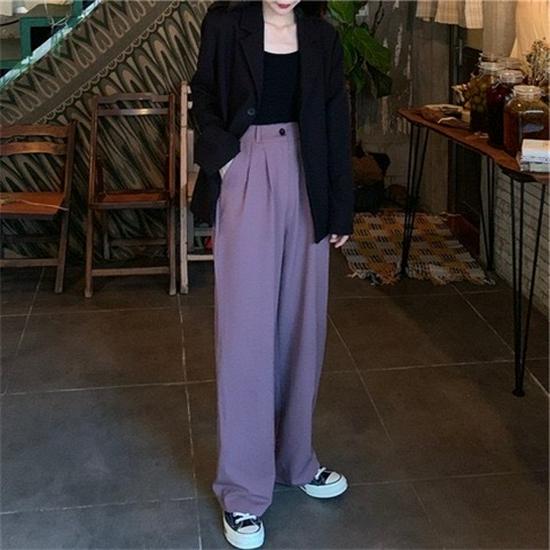 Korean Style Black Drapey High-Waisted Wide-Leg Suit Pants - 2024 Spring/Autumn