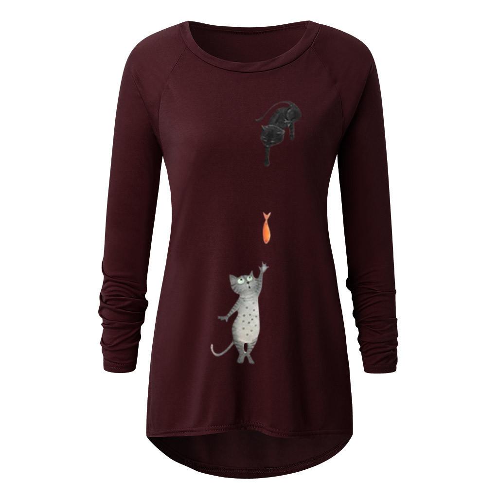 Women Fashion Plus Size Print Round Neck Long Sleeved Long T-shirt Blouse