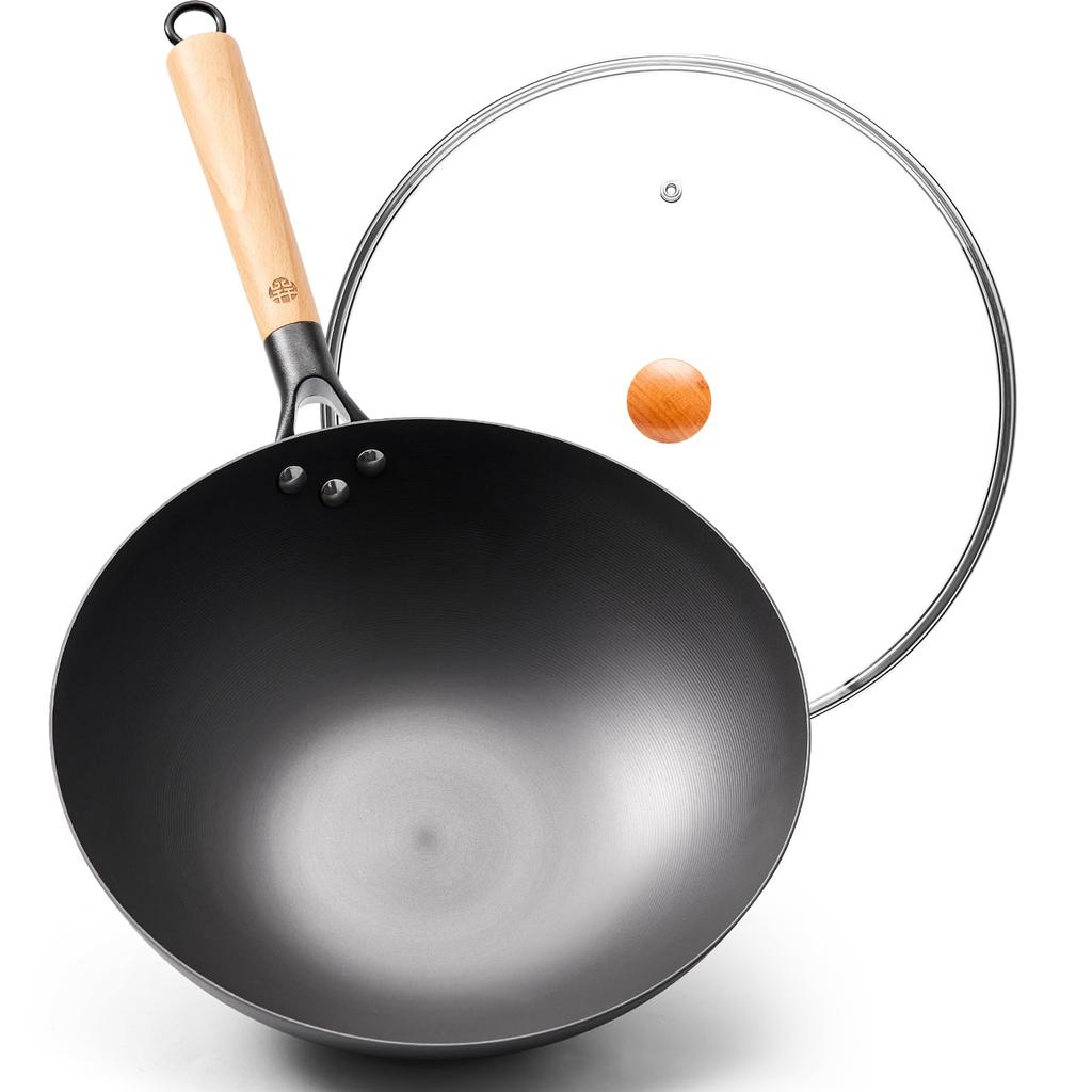 Wang Yuanji Wok, Iron Wok, Stir-fry Pan, 32cm, Nitrided Iron, with Glass Lid, IH and Gas Compatible, for Stir-frying, Boiling, Simmering, and Fried