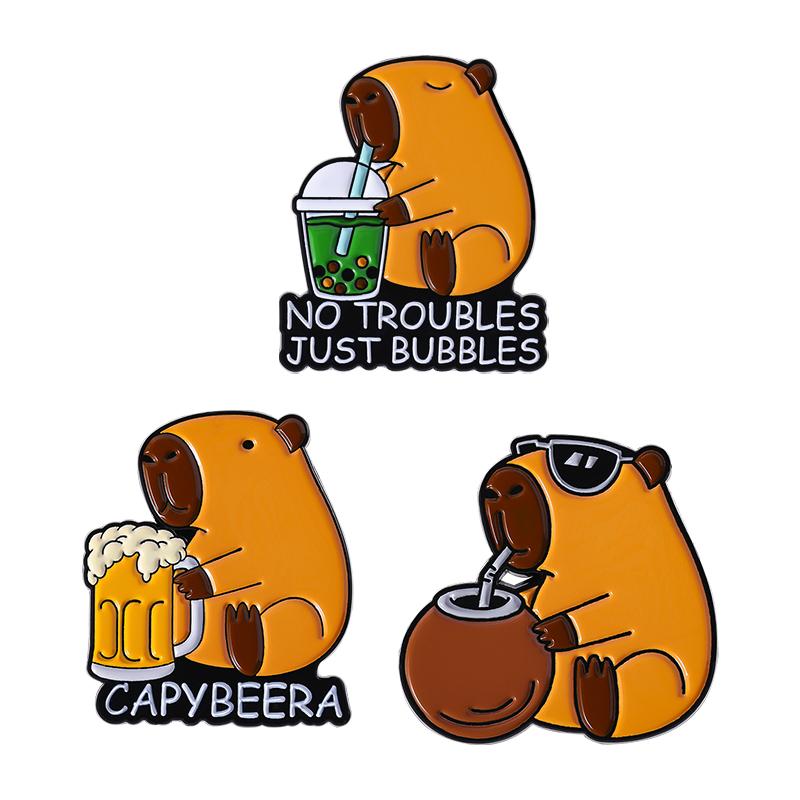 Capybara Drinking Enamel Pins Custom NO TROUBLES JUST BUBBLES Brooches Lapel Badges Clothes Animal Jewelry Gift for Kids Friends
