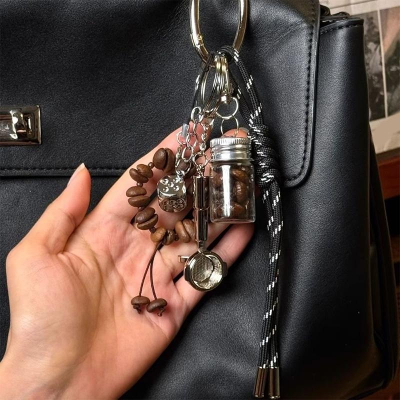 Coffee Lover Gift Resin Metal Keychain Vintage Braided Cord Design Compact Keyring for Accessories