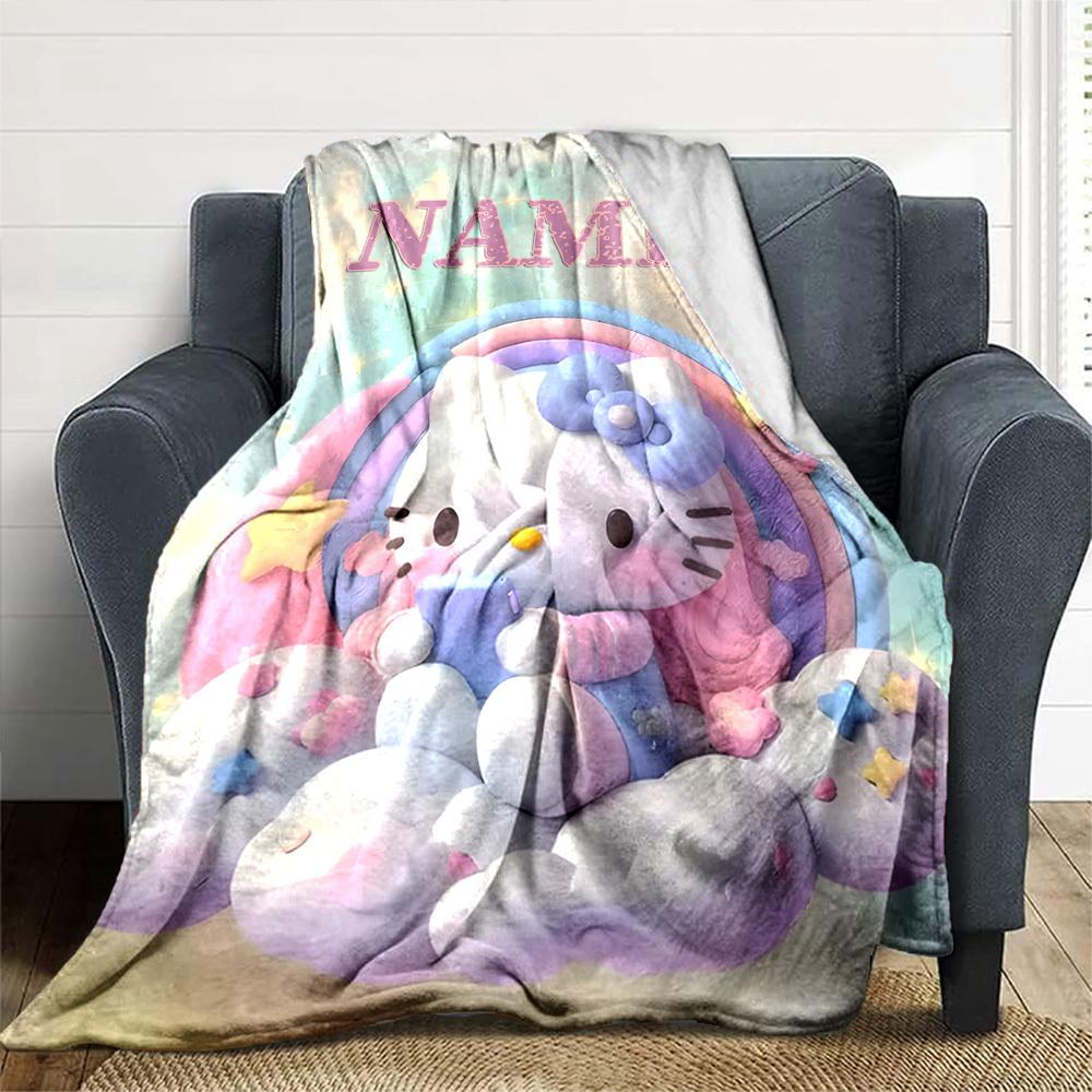 Hello Kitty With Rainbow And Stars Holding A Phone Multipurpose Customizable Blanket Personalized Name Soft Warm Cozy Great For Sofa Couch Office Bed