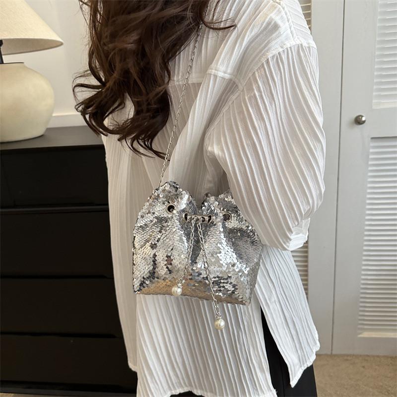Fashion-forward Black And Silver Sequin Bucket Bag Versatile Single Shoulder Crossbody Bag For Women