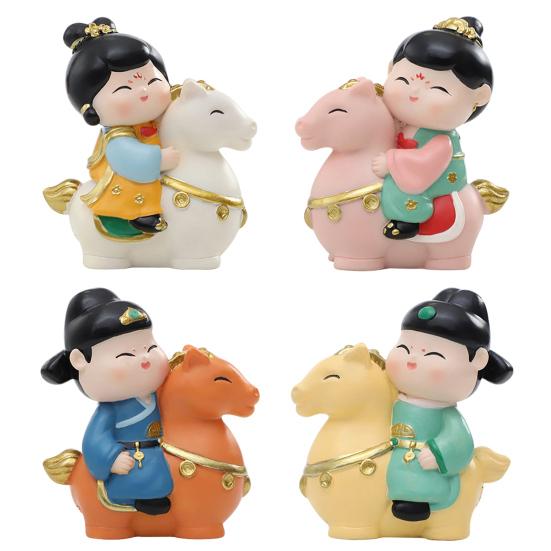 Chinese Style Horse Riding Ornament Cartoon Men Women Resin Figurine Statue Sculpture Home Office Desktop Decoration Souvenir Gift
