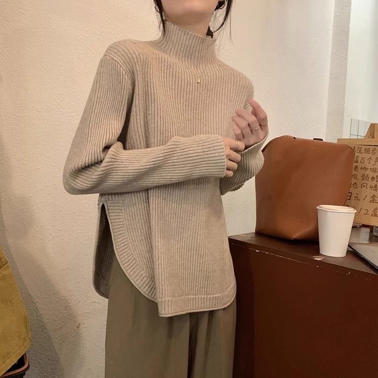 Women's Turtleneck Split Knitted Top Spring Korean Style Fashionable Loose Designed Long Sleeve Upper Garment