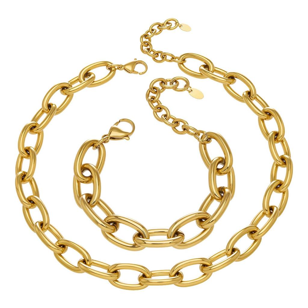 18K Gold-Plated Hip Hop Chain Necklace & Bracelet Set - European & American Style, Stainless Steel, Simple Luxury