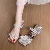 Temperament French Sandals One-word Sandals 2025 New Summer Two Wear Fashion Fairy Rhinestone Transparent Thick Heel Slippers Woman
