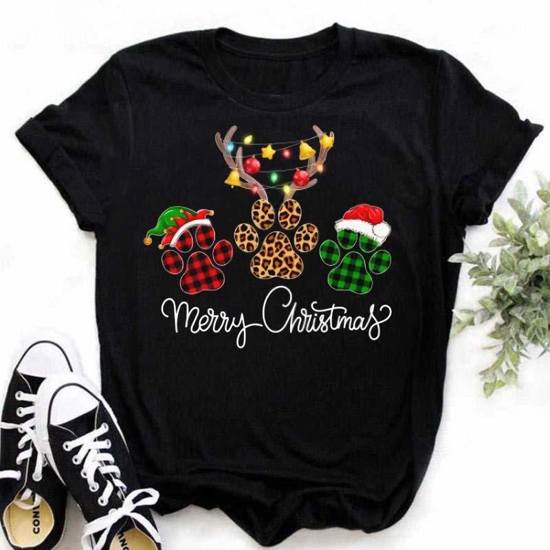 Womens Black Dog Claw Printed Tshirt Leopard Love Printed Christmas Reindeer Design Short Sleeve Casual Holiday Tshirt